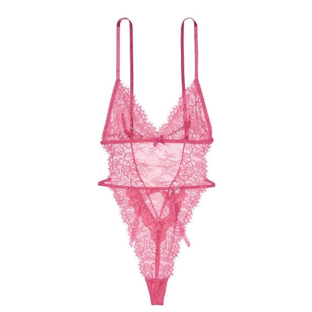 Victoria's Secret Pink Rose Lace Teddy Bodysuit Lingerie Pink Small NWT